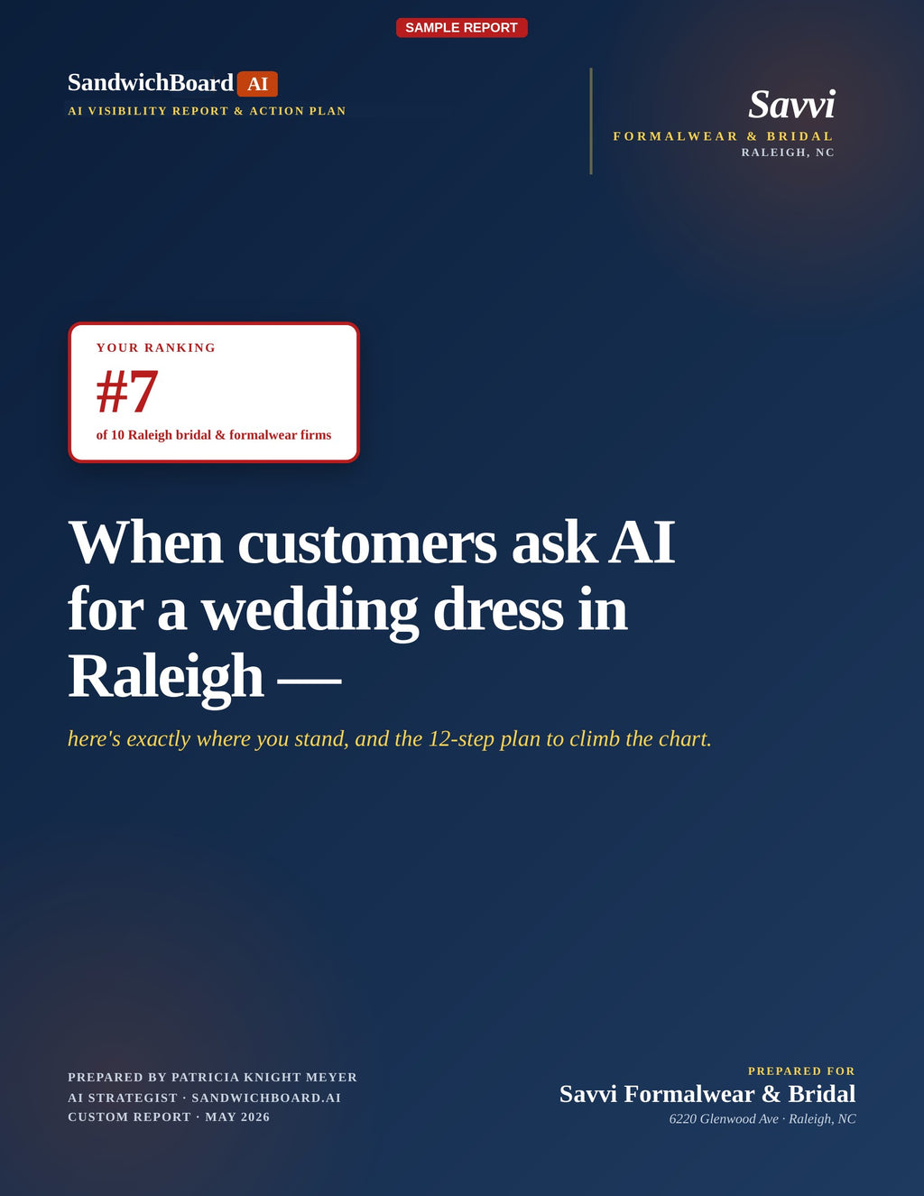 Cover of a report titled 'When customers ask AI for a wedding dress in Raleigh' by Savvi Formalwear & Bridal.