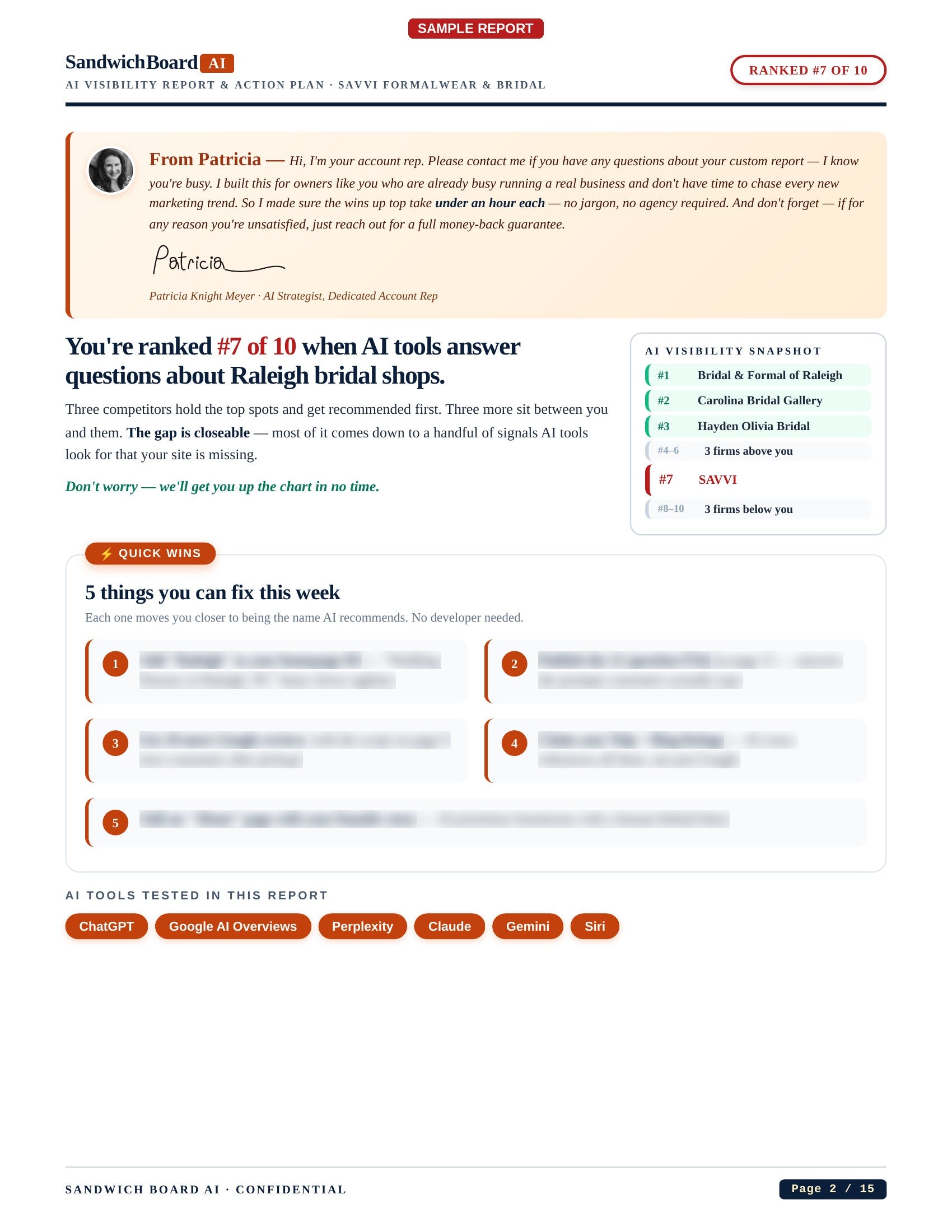Screenshot of a report from Sandwich Board AI with text and branding elements.