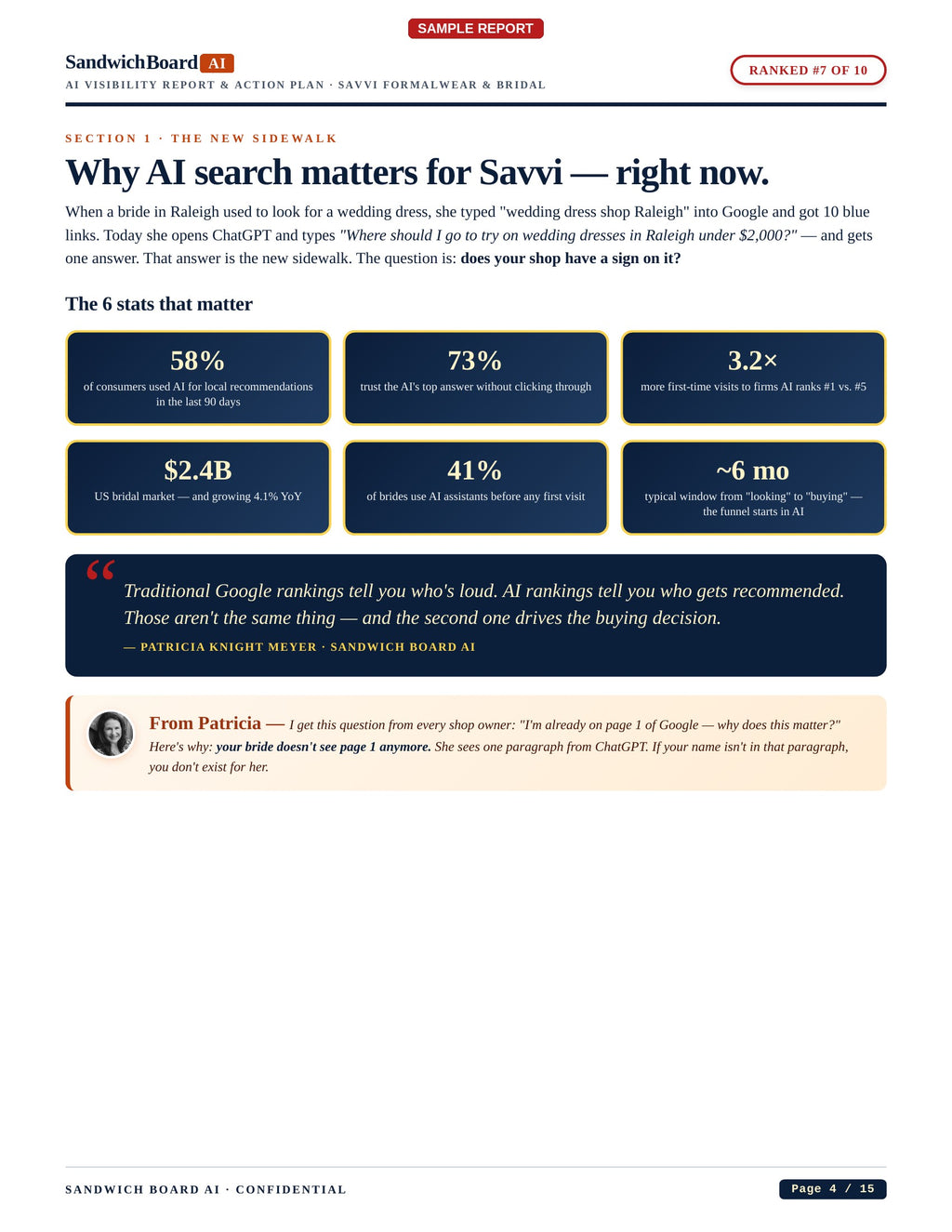 Page from a report titled 'Why AI search matters for Savvi - right now' with statistical data and a quote.