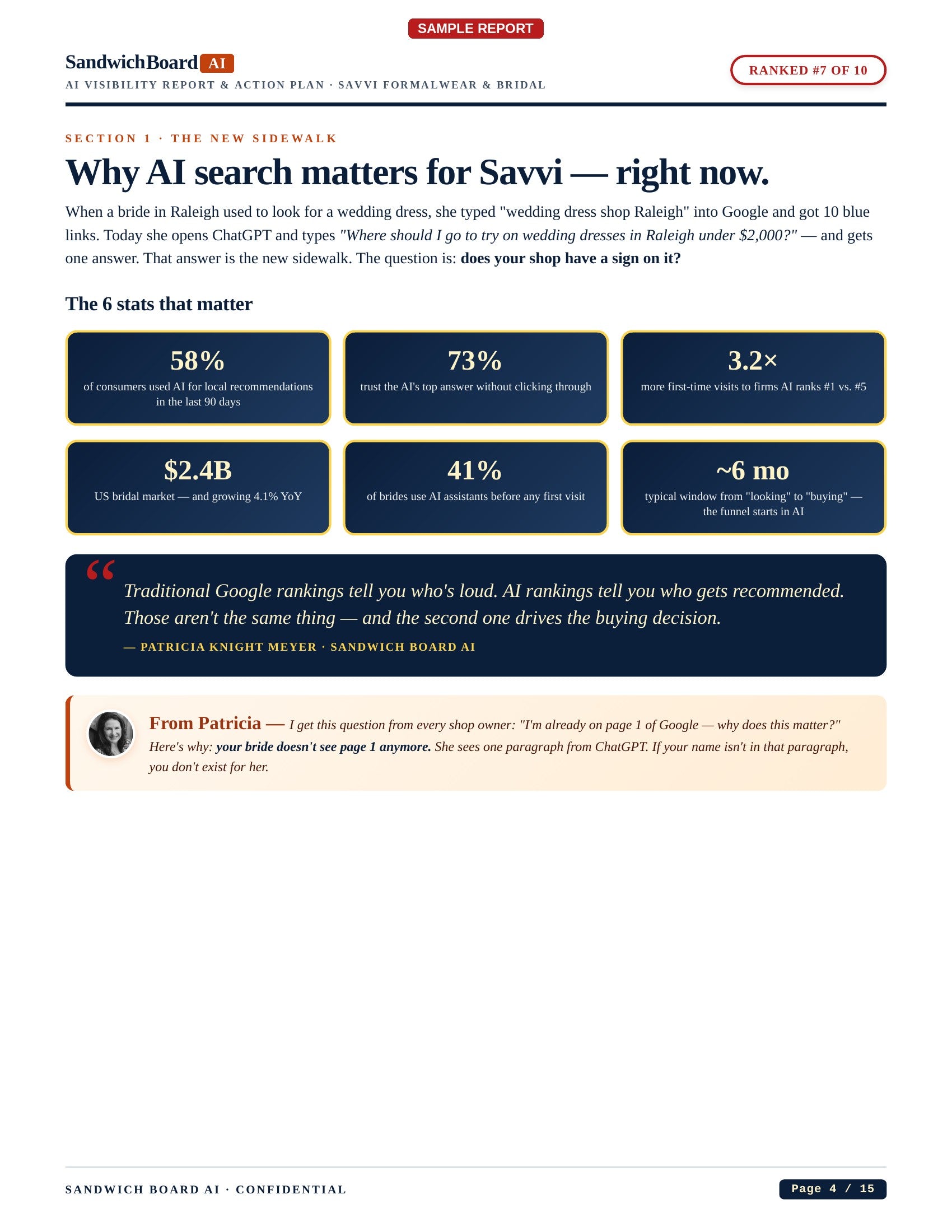 Page from a report titled 'Why AI search matters for Savvi - right now' with statistical data and a quote.